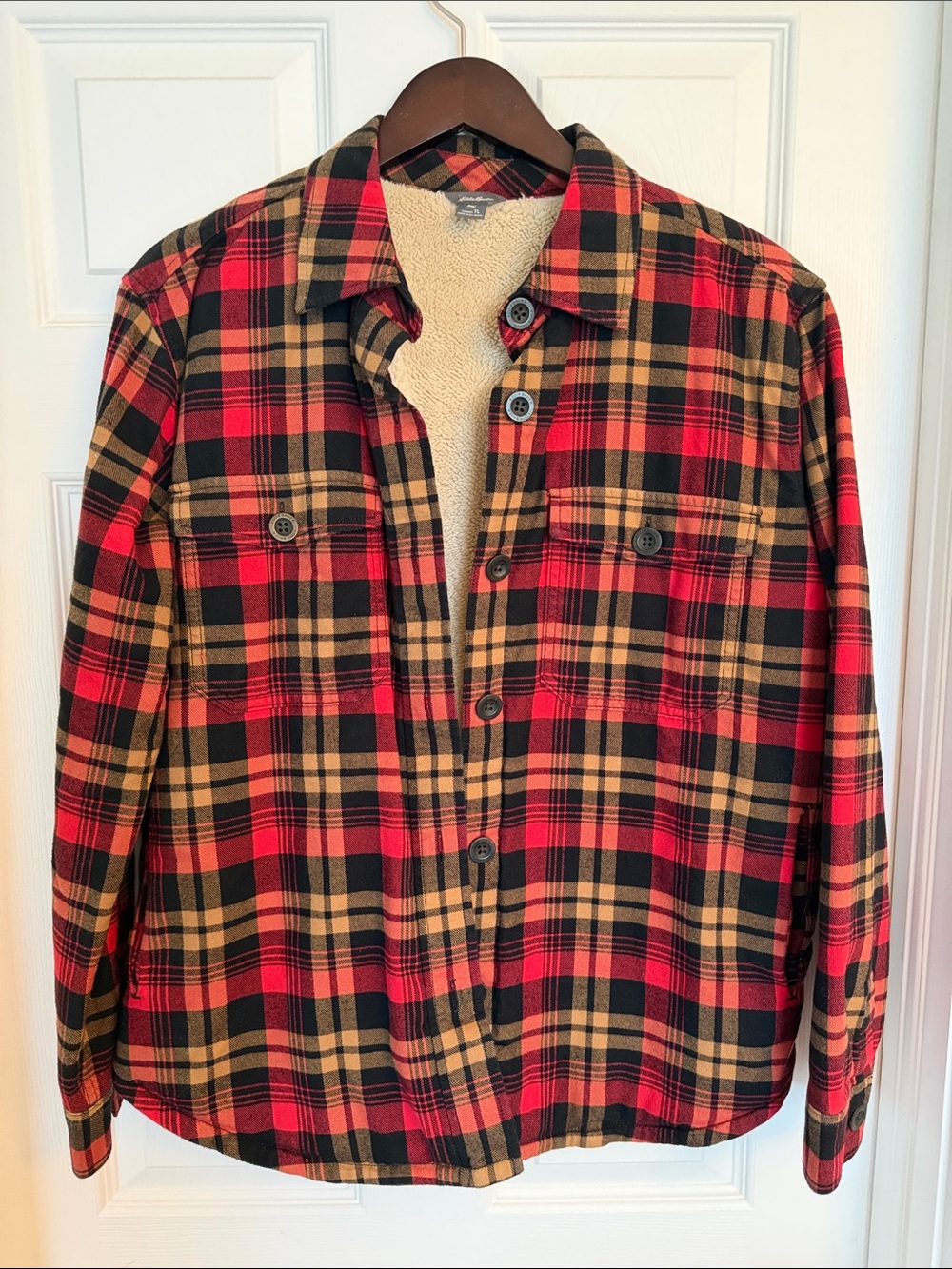 Eddie Bauer Red Black Tan Plaid Teddy-Lined Shacket